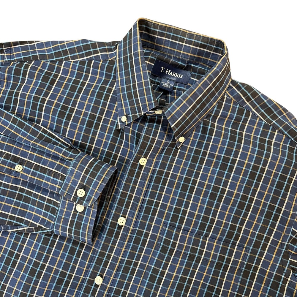 T HARRIS Mens Large Blue Plaid Long Sleeve Button Down Cotton‎ Shirt Classic